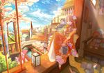  aircraft blimp bridge brown_hair canal candy cherry_blossoms city cityscape cloud day dirigible flower food hair_flower hair_ornament highres japanese_clothes kariya_kyou kimono lollipop long_hair original petals purple_eyes sitting sky solo swirl_lollipop 