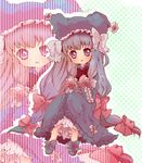  alternate_costume bad_id bad_pixiv_id bow chibi dress flower frills hair_bow hair_ribbon hat highres long_hair mo-no no_nose open_mouth patchouli_knowledge purple_hair ribbon rose shoes sitting solo touhou very_long_hair zoom_layer 