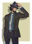  beard black_hair cigarette facial_hair fedora formal hand_in_pocket hat highres jigen_daisuke kuzu lupin_iii male_focus necktie solo suit 