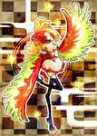  breasts claws cleavage dress feathered_wings feathers gen_2_pokemon harpy ho-oh kantarou_(8kan) medium_breasts monster_girl personification pokemon red_eyes red_hair solo wings 