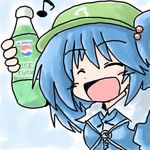  216 :d ^_^ bangs blue_hair blush bottle chibi closed_eyes eyebrows eyebrows_visible_through_hair hair_bobbles hair_ornament hat kawashiro_nitori key lowres musical_note open_mouth pepsi pepsi_ice_cucumber smile solo touhou two_side_up 