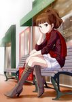  alternate_hairstyle bench boots brown_hair earrings high_heel_boots high_heels idolmaster idolmaster_(classic) jewelry knee_boots looking_at_viewer minase_iori ponnetsu ponytail red_scarf scarf shoes sitting sitting_on_object solo 
