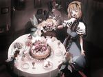  alice_margatroid birthday blonde_hair cake capelet character_doll doll dress empty_eyes food hairband hakurei_reimu happy_birthday horror_(theme) hourai_doll kirisame_marisa knife lonely nail nyararuto open_mouth pastry shanghai_doll solo table touhou translated witch yandere 