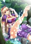  bad_anatomy bangs barefoot blonde_hair blurry breasts choker cleavage corset dacho day depth_of_field dress elbow_gloves feet foreshortening forest frilled_dress frills gloves grass hair_ribbon hand_in_hair head_tilt in_water large_breasts leg_up legs long_hair nature partially_submerged pink_eyes purple_dress ribbon ribbon_choker rock shiny shiny_hair short_sleeves sitting soles solo splashing thighs touhou very_long_hair water white_gloves yakumo_yukari 