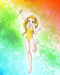  barefoot blonde_hair hajime_(caramel_toone) kasugano_urara_(yes!_precure_5) leg_lift legs microphone one-piece_swimsuit precure rainbow_background smile solo swimsuit twintails yellow_eyes yellow_swimsuit yes!_precure_5 