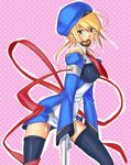  1girl abakichi arc_system_works bare_shoulders beret blazblue blonde_hair chocolate detached_sleeves female gloves green_eyes gun hat long_hair necktie noel_vermillion red_ribbon ribbon solo thigh-highs thighhighs weapon 
