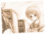  glasses kita_high_school_uniform kyon mh_rei monochrome multiple_girls nagato_yuki school_uniform sepia serafuku shelf short_hair suzumiya_haruhi_no_shoushitsu suzumiya_haruhi_no_yuuutsu 