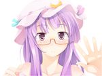  bare_shoulders bespectacled blush crescent face glasses hands hat highres long_hair mob_cap ogami_kazuki parted_lips patchouli_knowledge purple_eyes purple_hair semi-rimless_eyewear simple_background solo touhou under-rim_eyewear white_background yellow-framed_eyewear 