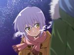  1girl breath brown_eyes coat glasses grey_hair inue_shinsuke kyon nagato_yuki night scarf short_hair suzumiya_haruhi_no_shoushitsu suzumiya_haruhi_no_yuuutsu toggles 