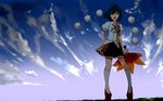  black_hair cloud fan geta hat hauchiwa kneehighs looking_at_viewer open_mouth pigeon-toed red_eyes shameimaru_aya short_hair skirt solo standing sunrise tengu-geta tokin_hat touhou wallpaper white_legwear yokohachi 