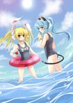  absurdres animal_ears blonde_hair blue_eyes blue_hair bunny_ears cat_ears cat_tail food highres innertube juuniya_gekkatsuru long_hair multiple_girls one-piece_swimsuit original popsicle red_eyes school_swimsuit swimsuit tail twintails wading water watermelon_bar 