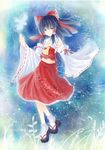  bad_id bad_pixiv_id black_hair blue_eyes detached_sleeves hakurei_reimu navel ribbon rode solo touhou 