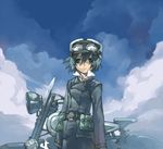  androgynous artist_request belt cloud fur_hat goggles green_hair ground_vehicle hat hermes kino kino_no_tabi motor_vehicle motorcycle reverse_trap short_hair sky solo 