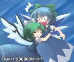  216 2girls blue_background blue_dress blue_eyes blue_hair blush bow cirno closed_eyes daiyousei dress green_hair hair_bow hits hug ice ice_wings multiple_girls open_mouth ribbon short_hair side_ponytail smile surprised touhou wings 