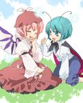  antennae aqua_eyes aqua_hair bug butterfly cape closed_eyes dress friends happy hat insect machiko_(beard) multiple_girls mystia_lorelei open_mouth pink_hair short_hair sitting smile touhou wings wriggle_nightbug 