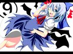  1girl blue_eyes blue_hair bow cirno dress hair_bow letterboxed one_eye_closed solo sukage symbol-shaped_pupils touhou 