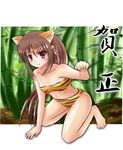  all_fours animal_ears animal_print bikini brown_hair cat_ears fang highres little_busters! long_hair natsume_rin new_year paw_pose ponytail rayhwang red_eyes solo swimsuit tiger_print 