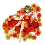  ascot azya bad_id bad_pixiv_id barefoot closed_umbrella feet flower full_body green_eyes green_hair highres kazami_yuuka legs parasol plaid plaid_skirt plaid_vest shaded_face short_hair simple_background skirt skirt_set smile solo sunflower touhou umbrella vest white_background 