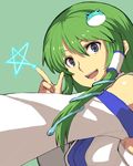  detached_sleeves frog green_hair grey_eyes hair_ornament kochiya_sanae smile snake solo star touhou yu_65026 