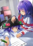  arm_support blue_hair check_translation contemporary food foreshortening fruit hand_on_another's_head hat highres hinanawi_tenshi long_hair lying multiple_girls nagae_iku no_hat no_headwear organ_derwald peach pencil petting purple_hair red_eyes room shawl short_hair smile tears touhou translation_request 
