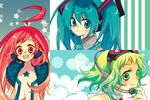  ahoge aqua_eyes aqua_hair goggles goggles_on_head green_eyes green_hair gumi hatsune_miku headphones headset long_hair multiple_girls red_eyes red_hair sf-a2_miki short_hair smile star twintails vocaloid yukinell 