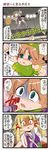  4koma angry blonde_hair blue_eyes bow braid chinese_clothes comic crowd dei_shirou flying hat highres hong_meiling lights long_hair moriya_suwako multiple_girls red_eyes shaded_face sidelocks stadium sweat torn_clothes touhou translated twin_braids wrestling_outfit you_gonna_get_raped 