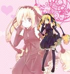  black_legwear blonde_hair blue_eyes dress ekaterina_kurae elbow_gloves flat_chest frills garters gloves hairband heart lolita_fashion lolita_hairband one_eye_closed ribbon seikon_no_qwaser solo thighhighs twintails yamato_(tomaya) zoom_layer 