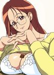  blush bra breast_rest breasts brown_eyes brown_hair chocolate cirima cleavage eyelashes futari_wa_precure_splash_star glasses hands_clasped large_breasts lingerie lipstick long_hair makeup mature mishou_kanako own_hands_together precure shirt_lift smile solo underwear 