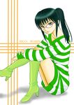  absurdres black_hair boots dress glasses green_eyes highres inu-ya-sha nico_robin one_piece one_piece:_strong_world ponytail shirt striped striped_shirt sweater sweater_dress 