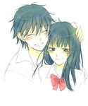  1girl amearare black_hair blue_eyes bow closed_eyes happy hug kazehaya_shouta kimi_ni_todoke kuronuma_sawako long_hair sketch smile tears 