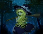  blonde_hair braid broom forest glowing grin hat kirisame_marisa long_hair looking_back magure_(artist) nature night night_sky sky smile solo star_(sky) starry_sky touhou tree witch_hat yellow_eyes 