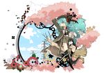  1girl animal aqua_eyes aqua_hair bad_id bad_pixiv_id bag boots braid branch bridget00747 cloud coat collar day dog flower gears hat hatsune_miku highres long_hair power_lines sitting skirt sky smile solo spring_(season) tree vocaloid wind 