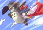  :d ascot black_hair bow crossover detached_sleeves flying hair_bow hakurei_reimu long_sleeves open_mouth red_bow red_skirt sharp_teeth short_hair sidelocks skirt smile teeth tennouji_masamichi tonari_no_totoro totoro touhou 