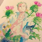  1boy flower green_hair haramaki male_focus one-eyed one_piece open_shirt roronoa_zoro scar shirt solo thistle traditional_art traditional_media travessinglethe 