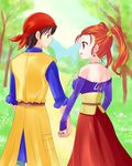  1boy 1girl artist_request bandanna bare_shoulders brown_hair couple dragon_quest dragon_quest_viii earrings eye_contact from_behind hand_holding hero_(dq8) jessica_albert jewelry looking_at_another road spoilers twintails 