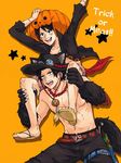  2boys brothers carrying costume halloween hat jack-o&#039;-lantern jack-o'-lantern male_focus monkey_d_luffy multiple_boys necklace one_piece orange_background paw_gloves portgas_d_ace pumpkin sandals siblings stampede_string tail thigh_strap 