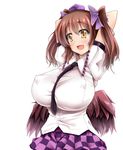  :d arms_behind_head arms_up between_breasts black_neckwear blush bow breasts brown_hair brown_wings checkered checkered_skirt covered_nipples cowboy_shot eyebrows eyebrows_visible_through_hair feathered_wings hair_bow hat himekaidou_hatate huge_breasts hydrant_(kasozama) low_wings motion_lines necktie necktie_between_breasts open_mouth purple_bow purple_hat purple_skirt shirt short_hair short_twintails simple_background skirt smile solo tareme tokin_hat touhou twintails upper_body white_background white_shirt wings yellow_eyes 
