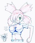  2girls asuna_(pokemon) braid breasts erect_nipples geropper gym_leader haruka_(pokemon) large_breasts multiple_girls navel pokemon red_hair shirt smile tight_shirt 