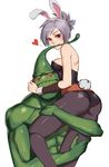  1girl aesice animal_ears ass biting blush bunny_ears bunny_tail bunnysuit carrying glowing glowing_eyes goo_guy grey_hair heart league_of_legends leotard looking_at_viewer monster_boy pantyhose red_eyes riven_(league_of_legends) tail yellow_eyes zac 