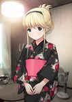  1girl blonde_hair blush hairband japanese_clothes kimono kobayashi_yuji long_hair looking_at_viewer solo standing traditional_clothes 