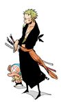  2boys eating food green_hair haramaki male_focus multiple_boys one-eyed one_piece robe roronoa_zoro sash standing striped_shirt sword tanktrunk tony_tony_chopper 