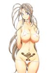  1girl aa_megami-sama areola_slip areolae arms_behind_back belldandy bikini blue_eyes breasts brown_hair collar facial_mark female forehead_mark gluteal_fold jewelry joy_division large_breasts lipstick makeup simple_background smile solo standing swimsuit tattoo thigh_gap white_background 