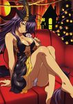  1girl barefoot blue_eyes breasts dark_skin female halloween ikkitousen kan&#039;u_unchou kan'u_unchou large_breasts long_hair official_art panties purple_hair sitting smile solo underwear witch witch_hat 