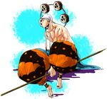  1boy anklet bandanna barefoot earrings enel jewelry kepe male_focus mitsudomoe_(shape) one_piece sitting solo staff topless 