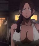  1girl alex_benedetto bare_shoulders bow braid breasts brown_hair cleavage dark_skin dress earrings female gangsta highres huge_breasts jewelry large_breasts long_hair open_mouth purple_eyes screencap stitched white_dress 