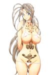  1girl aa_megami-sama areola_slip areolae arms_behind_back belldandy bikini blue_eyes breasts brown_hair collar facial_mark female forehead_mark gluteal_fold jewelry joy_division large_breasts lipstick makeup sagging_breasts simple_background smile solo standing swimsuit tattoo thigh_gap white_background 