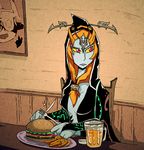  1girl blue_skin burger drink hood midna midna_(true) orange_hair setz spoilers tall the_legend_of_zelda zelda_musou 