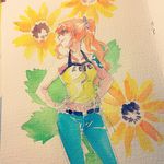  1girl flower hands_on_hips nami_(one_piece) one_piece orange_hair solo sunflower sunglasses tattoo traditional_art traditional_media travessinglethe 