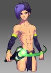  1boy defense_of_the_ancients dota_2 faceless_void gauntlets lvlv male_focus open_mouth purple_hair red_eyes shirtless simple_background solo spiked_hair weapon 