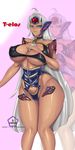  1girl armor bare_legs blue_eyes breasts dark_skin female huge_breasts long_hair looking_at_viewer nipples partially_visible_vulva shiny_skin smile t-elos white_hair xeno_(series) xenosaga 